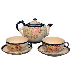 Vintage Nippon Cobalt Blue Cabbage Rose Teapot Two Cups and Two Saucers